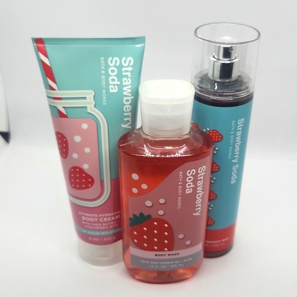 New Bath & Body Works Sale BBW Strawberry Soda 3-Piece Set Wash, Cream, Mist - Picture 2 of 7